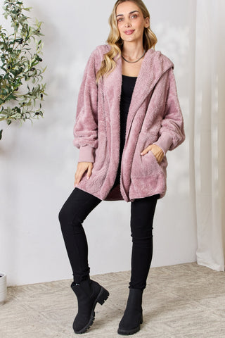 Shop H&T Faux Fur Open Front Hooded Jacket - High-Quality U.S. Made Women’s Fashion with Free & Fast Shipping