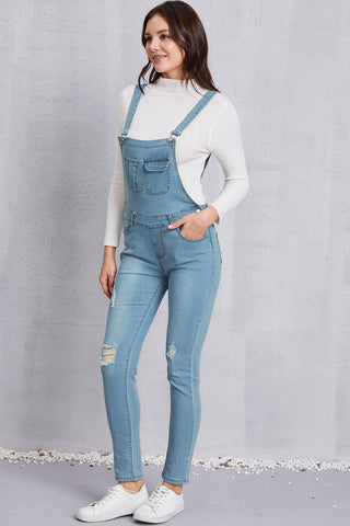 Shop Distressed Washed Denim Overalls with Pockets - High-Quality U.S. Made Women’s Fashion with Free Fast Shipping