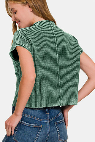 Shop Zenana Washed Mock Neck Short Sleeve Cropped Sweater - High-Quality U.S. Made Women’s Fashion with Free & Fast Shipping