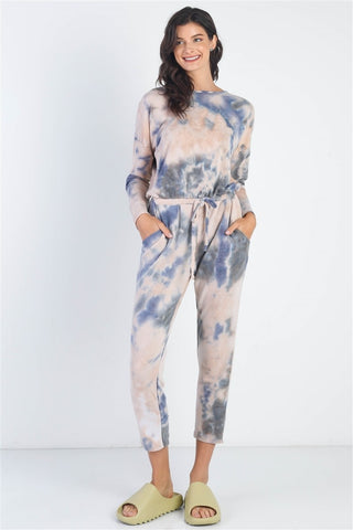 Shop Navy Cherish Apparel Tie-Dye Round Neck Long Sleeve Jumpsuit - High-Quality U.S. Made Women’s Fashion with Free & Fast Shipping