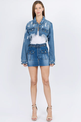 Shop American Bazi Distressed Denim Jacket with Frayed Hem - High-Quality U.S. Made Women’s Fashion with Free & Fast Shipping