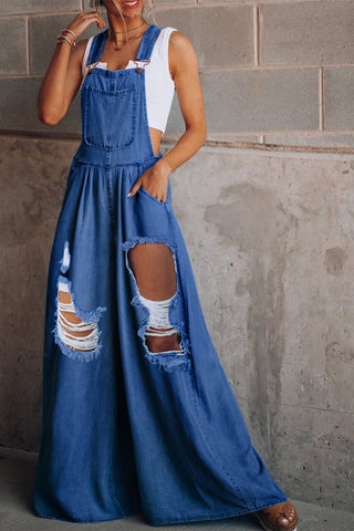 Shop Medium Distressed Wide Leg Denim Overalls - High-Quality U.S. Made Women’s Fashion with Free & Fast Shipping