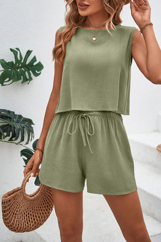 Shop Round Neck Top and Drawstring Shorts Set - High-Quality U.S. Made Women’s Fashion with Free & Fast Shipping