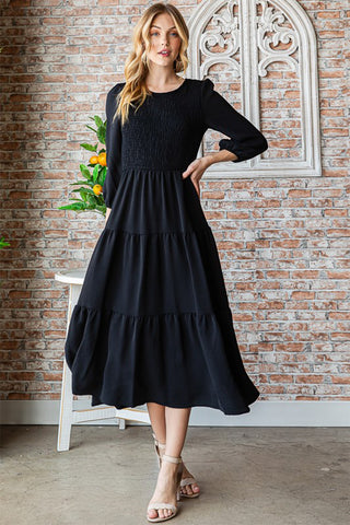 Shop BLACK Reborn J Round Neck Smocked Tiered Dress - High-Quality U.S. Made Women’s Fashion with Free & Fast Shipping