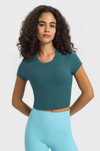 Shop Teal Millennia Round Neck Short Sleeve Cropped Sports T-Shirt - High-Quality U.S. Made Women’s Fashion with Free & Fast Shipping