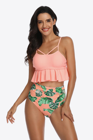 Shop Tropical Print Ruffled Two-Piece Swimsuit - High-Quality U.S. Made Women’s Fashion with Free Fast Shipping