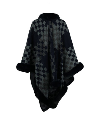 Shop Checkered Faux Fur Trim Poncho - High-Quality U.S. Made Women’s Fashion with Free & Fast Shipping