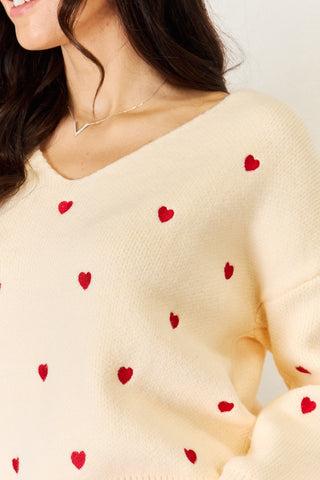 Shop J.NNA Hearts Pattern V-Neck Sweater - High-Quality U.S. Made Women’s Fashion with Free Fast Shipping