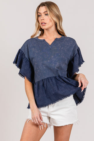 Shop SAGE + FIG Ruffle Sleeve Washed Short Sleeve Blouse - High-Quality U.S. Made Women’s Fashion with Free & Fast Shipping