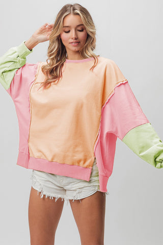 Shop Apricot Pink Sage BiBi Washed Color Block Sweatshirt - High-Quality U.S. Made Women’s Fashion with Free & Fast Shipping