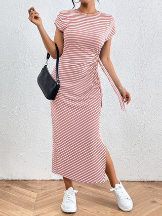 Shop Honey Tied Striped Round Neck Short Sleeve Tee Dress - High-Quality U.S. Made Women’s Fashion with Free Fast Shipping