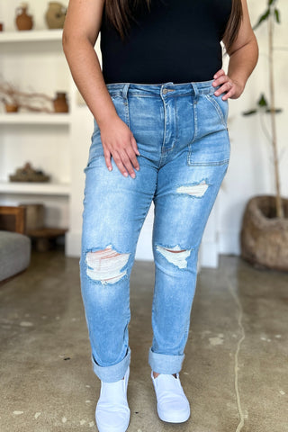 Shop Judy Blue Full Size Distressed Straight Jeans with Patch Pockets - High-Quality U.S. Made Women’s Fashion with Free & Fast Shipping