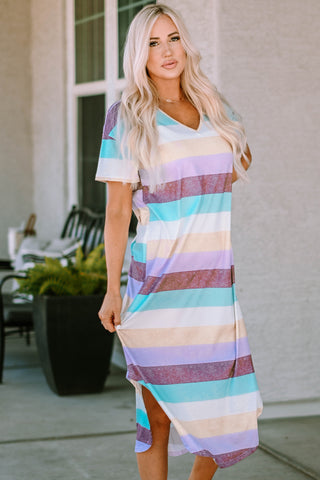 Shop Purple Striped V-Neck Curved Hem Midi Dress - High-Quality U.S. Made Women’s Fashion with Free & Fast Shipping