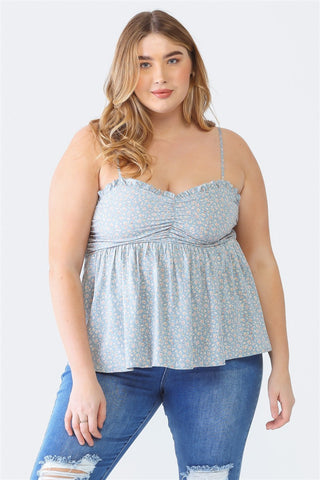 Shop Blue Zenobia Plus Size Frill Smocked Floral Sweetheart Neck Cami - High-Quality U.S. Made Women’s Fashion with Free & Fast Shipping