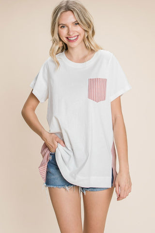 Shop Cotton Bleu by Nu Label Contrast Striped Short Sleeve T-Shirt - High-Quality U.S. Made Women’s Fashion with Free & Fast Shipping