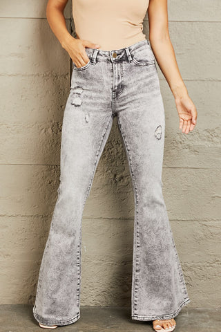 Shop BAYEAS High Waisted Acid Wash Flare Jeans - High-Quality U.S. Made Women’s Fashion with Free & Fast Shipping