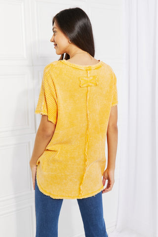 Shop Zenana Start Small Washed Waffle Knit Top in Yellow Gold - High-Quality U.S. Made Women’s Fashion with Free & Fast Shipping