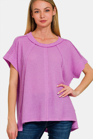 Shop Lavender Zenana Waffle Exposed-Seam Short Sleeve T-Shirt - High-Quality U.S. Made Women’s Fashion with Free & Fast Shipping