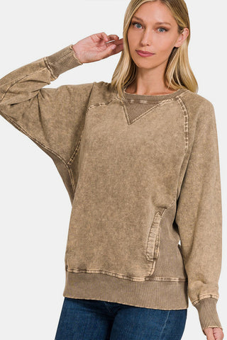 Shop Zenana Pocketed Round Neck Sweatshirt - High-Quality U.S. Made Women’s Fashion with Free Fast Shipping