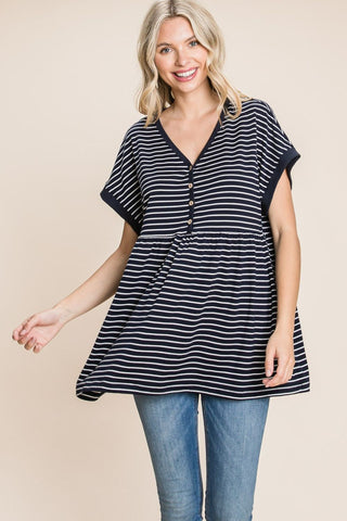 Shop Cotton Bleu by Nu Label Striped Button Front Baby Doll Top - High-Quality U.S. Made Women’s Fashion with Free & Fast Shipping