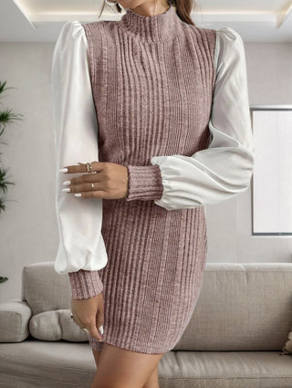 Shop Ribbed Contrast Long Sleeve Sweater Dress - High-Quality U.S. Made Women’s Fashion with Free Fast Shipping