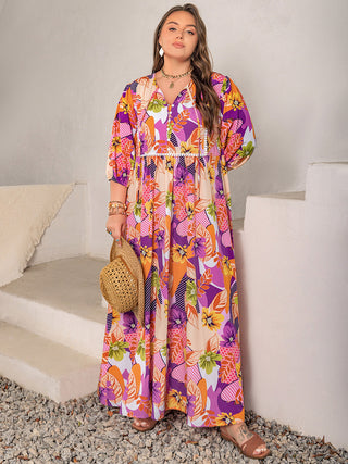 Shop Plus Size Printed Tie Neck Maxi Dress - High-Quality U.S. Made Women’s Fashion with Free & Fast Shipping