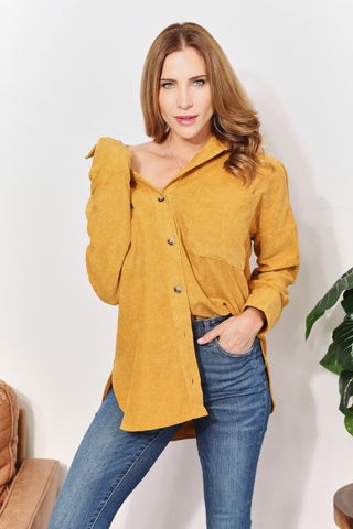 Shop Gold HEYSON Full Size Oversized Corduroy Button-Down Tunic Shirt with Bust Pocket - High-Quality U.S. Made Women’s Fashion with Free & Fast Shipping