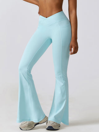 Shop Mint Blue Flare Leg Active Pants with Pockets - High-Quality U.S. Made Women’s Fashion with Free & Fast Shipping