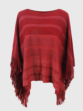 Shop Striped Boat Neck Poncho with Fringes - High-Quality U.S. Made Women’s Fashion with Free Fast Shipping