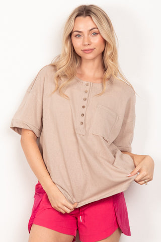 Shop Taupe VERY J Twisted Sleeve Band Half Button Top - High-Quality U.S. Made Women’s Fashion with Free & Fast Shipping