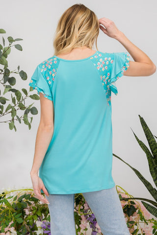 Shop Celeste Full Size Floral Contrast Short Sleeve Top - High-Quality U.S. Made Women’s Fashion with Free & Fast Shipping