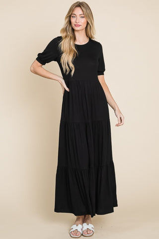 Shop Black BOMBOM Short Sleeve Tiered Maxi Dress - High-Quality U.S. Made Women’s Fashion with Free & Fast Shipping