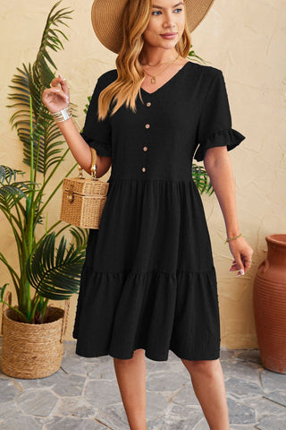 Shop Swiss Dot Ruffled V-Neck Tiered Dress Now On Klozey Store - Trendy U.S. Premium Women Apparel & Accessories And Be Up-To-Fashion!