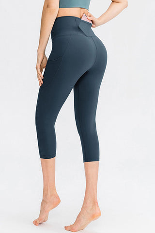 Shop Deep Teal Wide Waistband Cropped Active Leggings with Pockets - High-Quality U.S. Made Women’s Fashion with Free & Fast Shipping