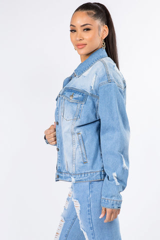 Shop American Bazi Graphic Distressed Long Sleeve Denim Jacket - High-Quality U.S. Made Women’s Fashion with Free & Fast Shipping