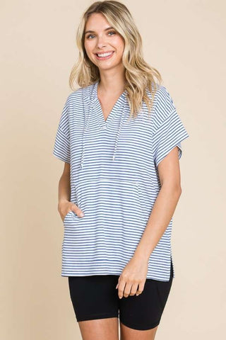 Shop Culture Code Full Size Striped Short Sleeve Hooded Top - High-Quality U.S. Made Women’s Fashion with Free & Fast Shipping