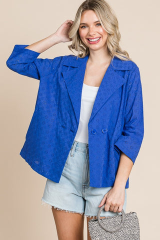 Shop Cobalt Blue Culture Code Double Breasted Eyelet Jacket with Pockets - High-Quality U.S. Made Women’s Fashion with Free & Fast Shipping