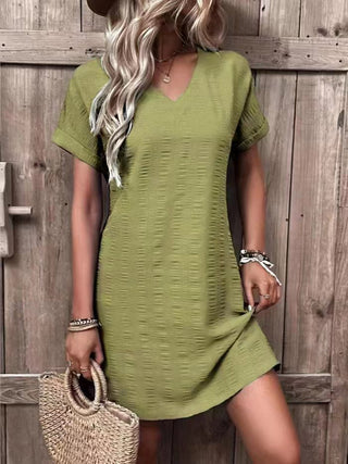 Shop Full Size V-Neck Short Sleeve Mini Dress - High-Quality U.S. Made Women’s Fashion with Free Fast Shipping