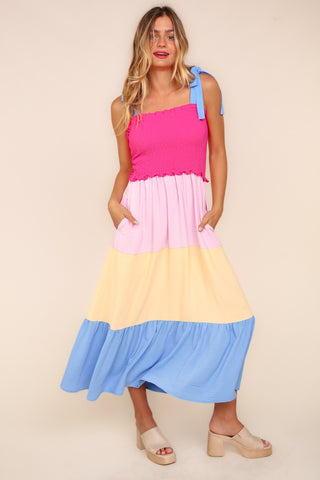 Shop Hot Pink Cream Blue Haptics Smocked Color Block Tiered Cami Dress - High-Quality U.S. Made Women’s Fashion with Free & Fast Shipping