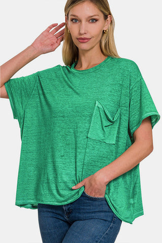 Shop Green Zenana Pocketed Round Neck Dropped Shoulder T-Shirt - High-Quality U.S. Made Women’s Fashion with Free & Fast Shipping