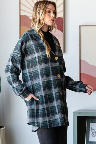 Shop Heimish Plaid Button Down Long Sleeve Hooded Cardigan - High-Quality U.S. Made Women’s Fashion with Free & Fast Shipping