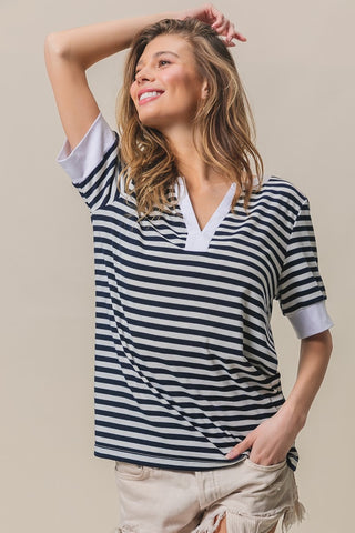 Shop BiBi Contrast Striped Notched Knit Top - High-Quality U.S. Made Women’s Fashion with Free & Fast Shipping