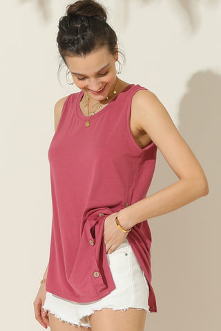 Shop DARK PINK Ninexis Round Neck Button Side Tank - High-Quality U.S. Made Women’s Fashion with Free & Fast Shipping