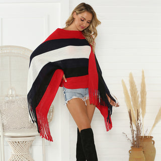 Shop Striped Fringe Trim Poncho - High-Quality U.S. Made Women’s Fashion with Free Fast Shipping