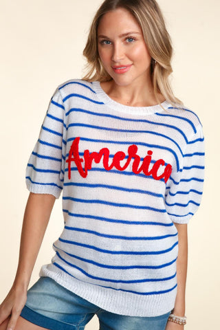 Shop Haptics Letter Embroidery Striped Knit Top - High-Quality U.S. Made Women’s Fashion with Free Fast Shipping