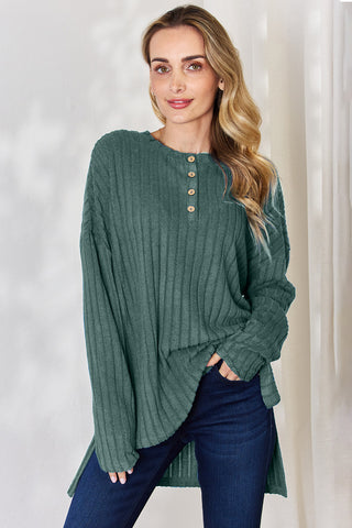 Shop Army Green Basic Bae Full Size Ribbed Half Button Long Sleeve High-Low T-Shirt - High-Quality U.S. Made Women’s Fashion with Free & Fast Shipping