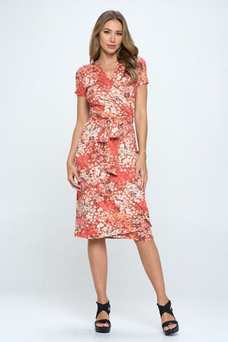 Shop Coral RENEE C Floral Tie Front Surplice Short Sleeve Dress - High-Quality U.S. Made Women’s Fashion with Free & Fast Shipping