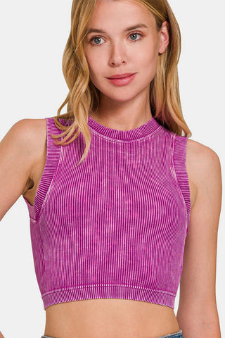 Shop Lt Plum Zenana Washed Ribbed Seamless Crop Tank with Bra Pad - High-Quality U.S. Made Women’s Fashion with Free & Fast Shipping