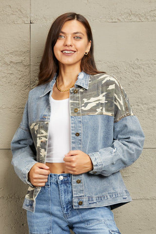 Shop Light GeeGee Full Size Washed Denim Camo Contrast Jacket - High-Quality U.S. Made Women’s Fashion with Free & Fast Shipping