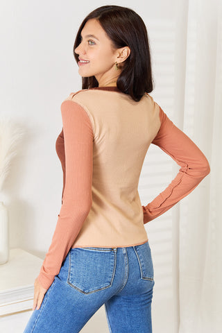 Shop Double Take Color Block Exposed Seam Long Sleeve Top - High-Quality U.S. Made Women’s Fashion with Free & Fast Shipping